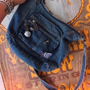 Denim Shoulder Bag with Butterfly pin